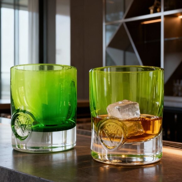 Exquisite Rock Glasses Hand Blown 2pcs Vibrant Lime Green Weighty Stamped - Picture 1 of 11